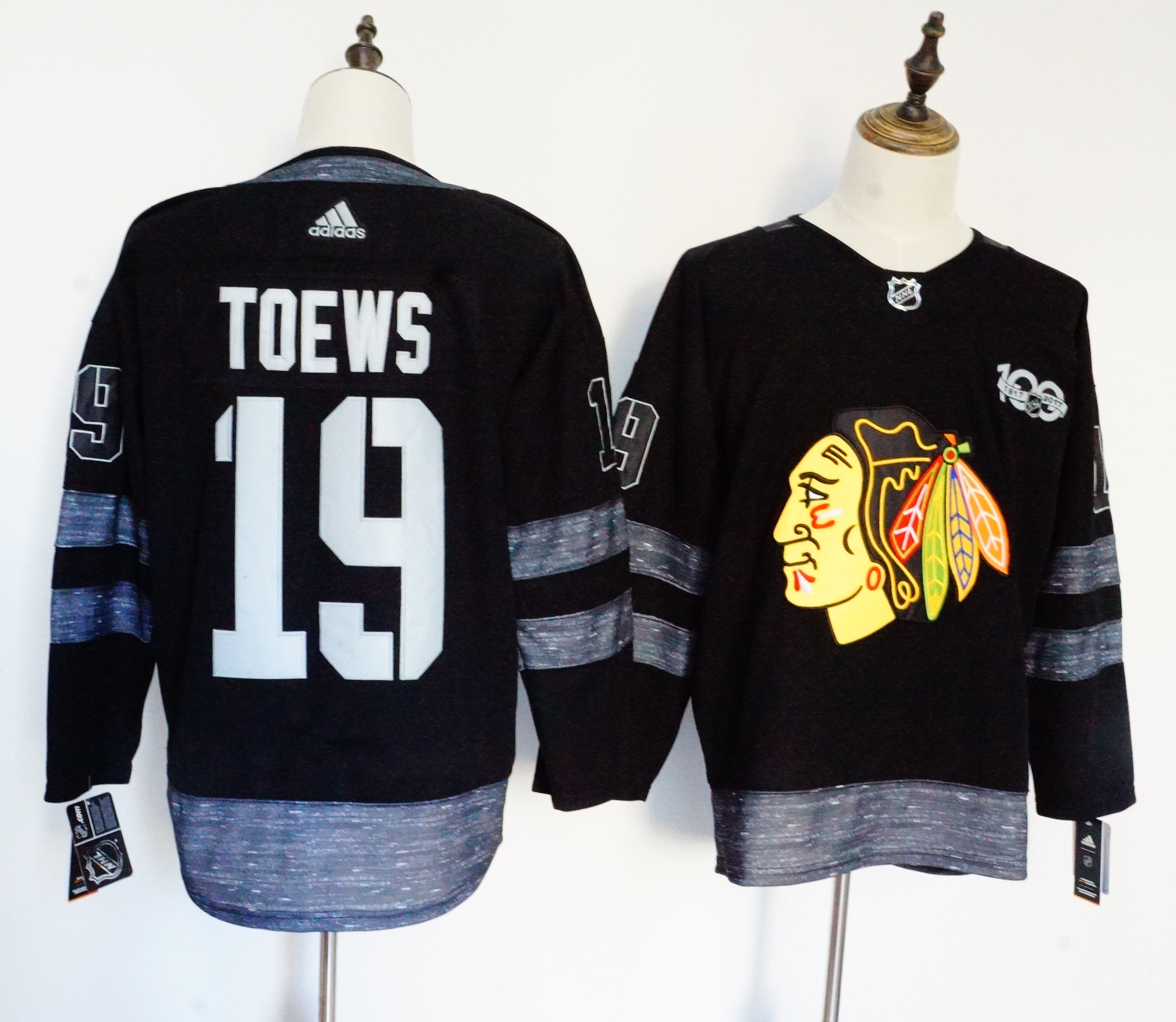 Men Chicago Blackhawks 19 Toews Black 100th Anniversary Stitched Adidas NHL Jerseys